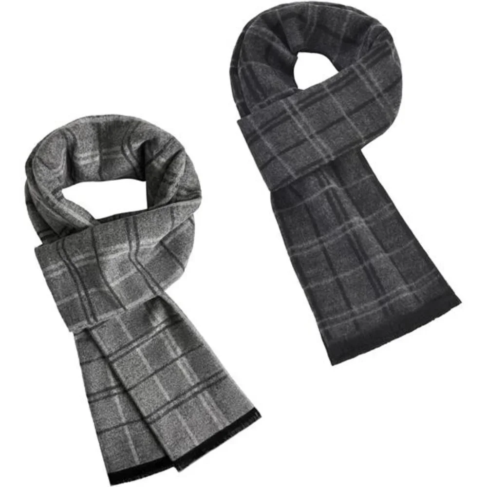 2 Packs Men's Cashmere Feel Winter Scarf Soft Warm Black Gray Plaid Stripe